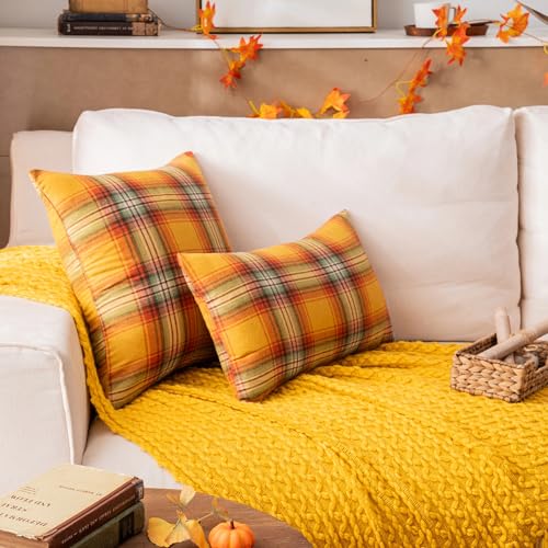 Fall Plaid Yellow Throw Pillow Covers Set of 2 - 12x20 Inch Autumn Decor