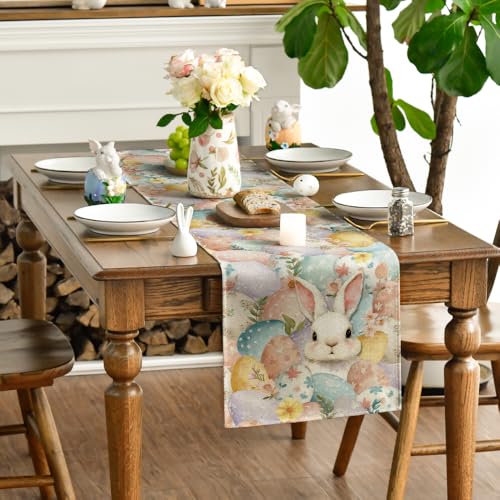 Easter Bunny Eggs Flower Table Runner 13x36 Inch Seasonal Spring Kitchen Decor