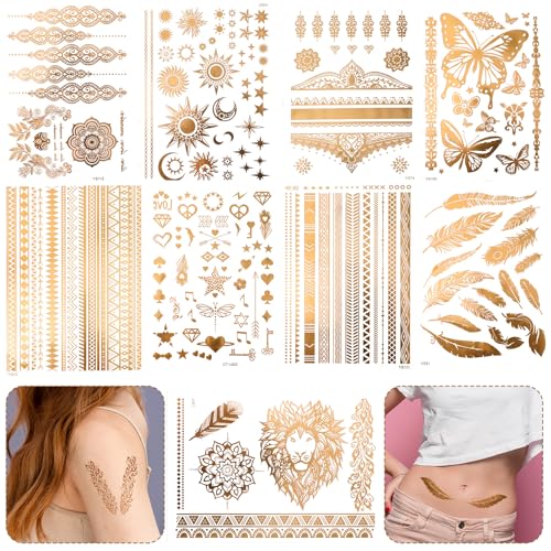 Gold Temporary Tattoos Set - 9 Sheets, 110+ Metallic Designs Waterproof Body Art