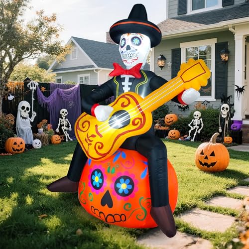 Halloween Inflatable Decoration 6 FT Spooky Sugar Skull Guitar Pumpkin with LED Lights - Day of The Dead Yard Decor