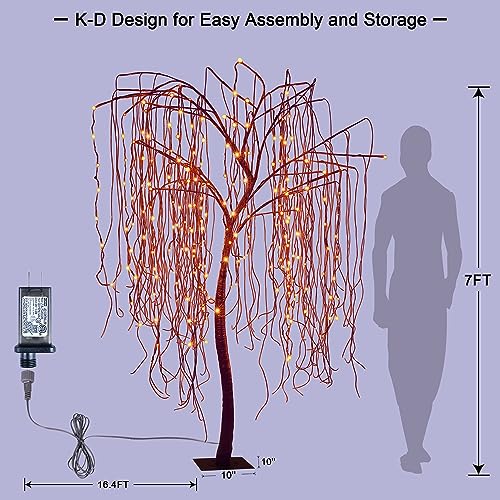 7 Ft Halloween Lighted Willow Tree with 256 LED Orange Lights and Spiders Outdoor Indoor Decor Variation: Orange