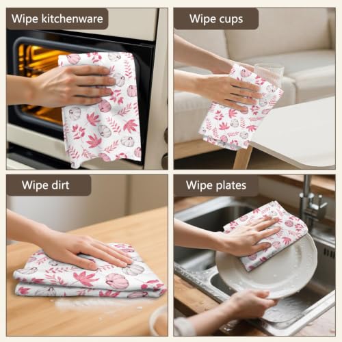 Dish Towels 9 Set of 2 - Fall Pink Maple Leaf Pumpkin Kitchen Hand Towels, 18x26 Inches, Thanksgiving Autumn Decor