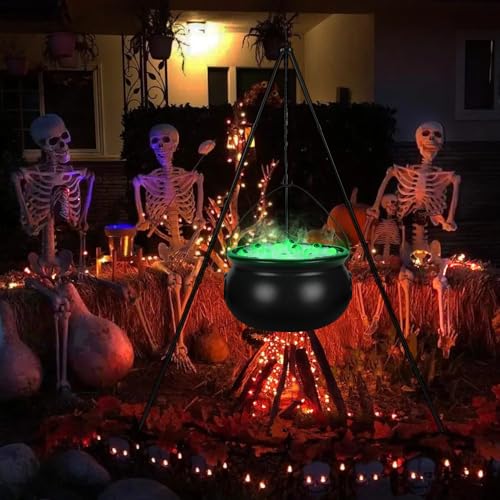 Outdoor Halloween Witch Cauldron with Tripod and Glowing Eyeballs - Spooky Yard Decor