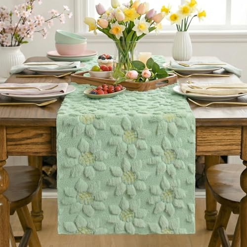 Green Faux Fur Sunflower Table Runner - 13x48 Inch Home Dining Decor