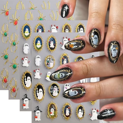 Halloween Nail Art Stickers 5D Ghost & Spider Web Decals - Relief Ghost Variation