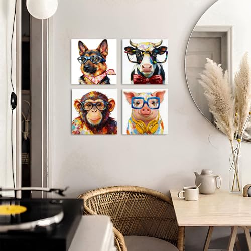 Funny Animal Wall Art Canvas Print Set - Kids Bedroom Decor, 12x12 Inch, Cartoon Animals with Glasses - 4 Pieces