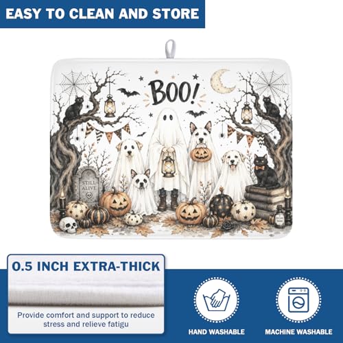 Halloween Dog Dish Drying Mat Ghost 18x24 Inch Absorbent Non-Slip