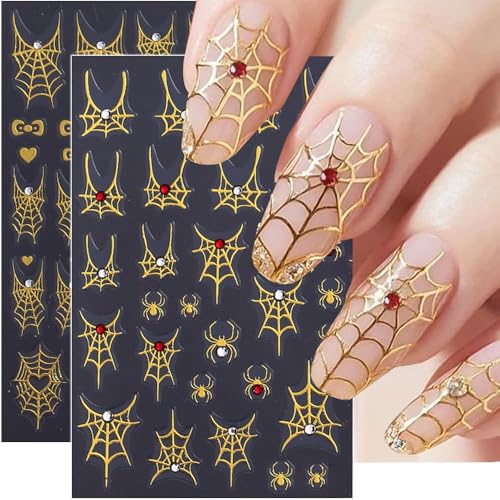 Halloween Nail Stickers 5D Embossed Spider Web Decals - Gold & Black Cobweb Design - Variation of THIS listing