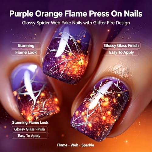 Halloween Short Square Press On Nails - Purple Orange Gradient Glitter - Variation 22