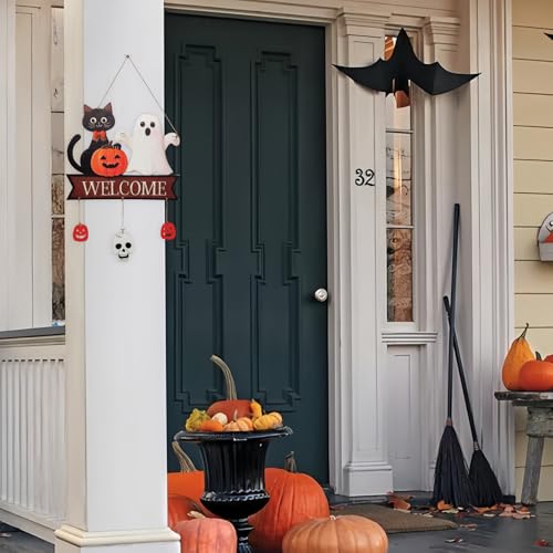 Halloween Welcome Sign Hanging Wood Decor - Ghost, Cat, Pumpkin & Skull