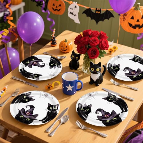 Halloween Black Cat Party Plates 9-Inch Set with Witchy Hats & Spider Webs - Variation: Three Black Cats