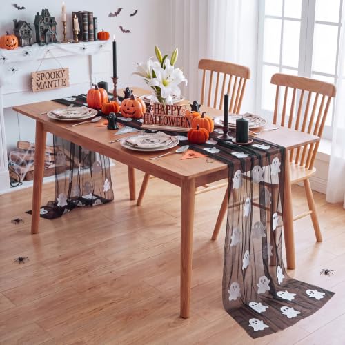 Halloween Table Runner 3 Pack Ghost Gauze 10 ft Embroidered Seasonal Decor - Variation of Ghost