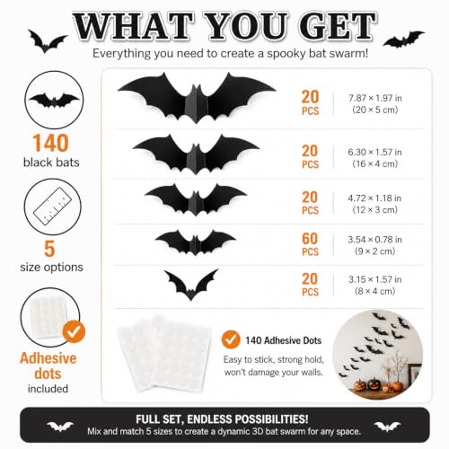 3D Bat Wall Decor Halloween Stickers - 140 Pieces, Realistic & Reusable