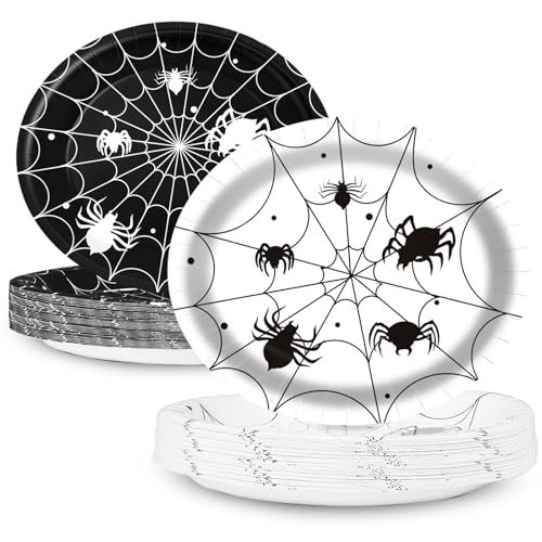 Halloween Spider Web Oval Paper Plates 10x12 Inches - Black & White Disposable Tableware - Spider Web Design - Variation: Spider Web