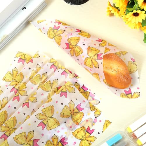 Back to School Wax Paper Sheets with Bow and Pencil Patterns, 150 Pack