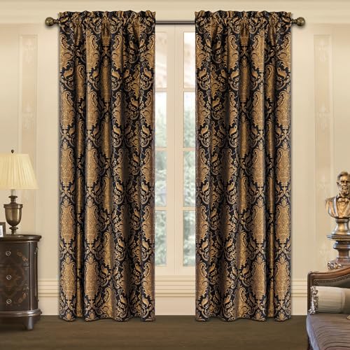 Black Damask Curtain Panels Set - 52W x 96L, Pack of 2, Luxury Fabric