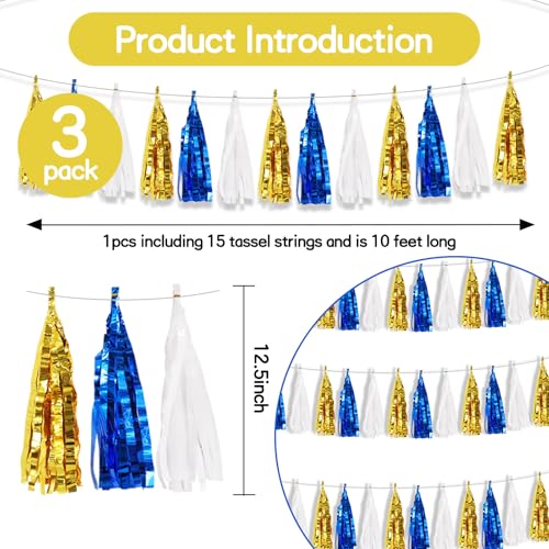 Blue Gold White Foil Fringe Tassel Garland - 3 Pack Party Decorations