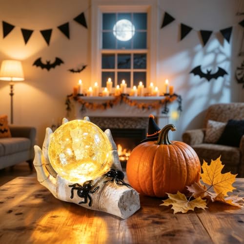 Halloween Snow Globe Crystal Ball LED Decor White Skeleton Hand - Spooky Indoor Display