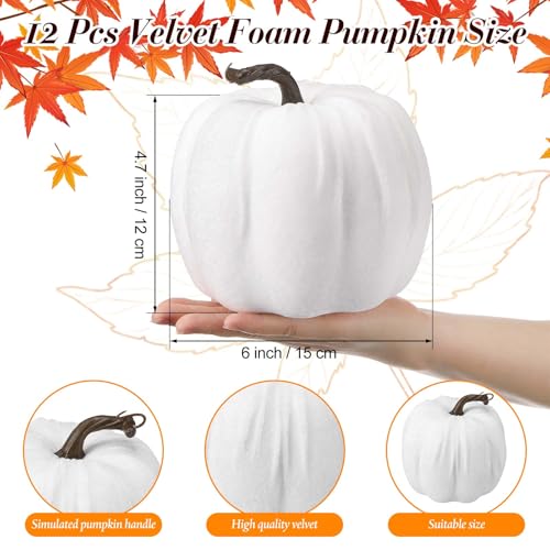 12 Pack 6-Inch Velvet Artificial Pumpkins for Fall Halloween Thanksgiving Home Decor - White