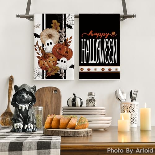 Black Ghost Kitchen Towels Set of 2 - 18x26 Inch Halloween Decor