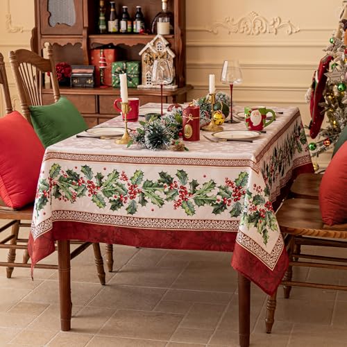 Holly Christmas Jacquard Rectangle Tablecloth 60 x 102 Inch - Holiday Decor