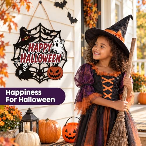 Spooky Halloween Wall Decor Signs - Happy Halloween Spider Web Variation