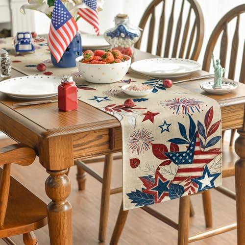 American Flag Fireworks Table Runner 13x60 Inch - 4th of July Memorial Day Home Decor