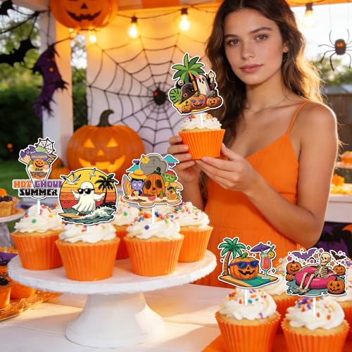 48Pcs Summer Halloween Cupcake Toppers - Beach Ghost Pumpkin Skeleton Decor