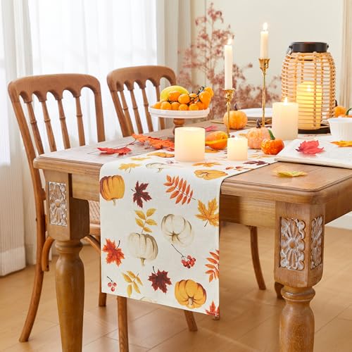 Fall Thanksgiving Table Runner - Rustic Pumpkin & Maple Leaves, Orange 13x36 Inch, Machine Washable