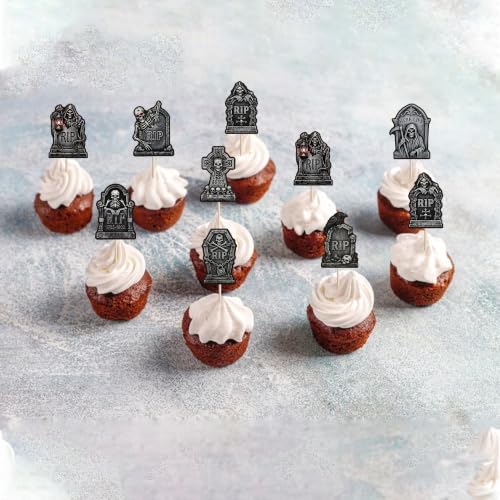 Halloween Tombstone Cupcake Toppers Cemetery Graveyard Zombie Skeleton Hands - Design 25, 40 Pack