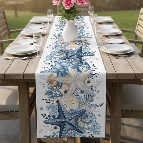 White Coastal Table Runner 13x70 Inches Summer Starfish Nautical Decor