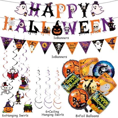 Halloween Party Decorations Kit - 22Pcs Foil Balloons Banner Swirls - Holiday Festive Decor