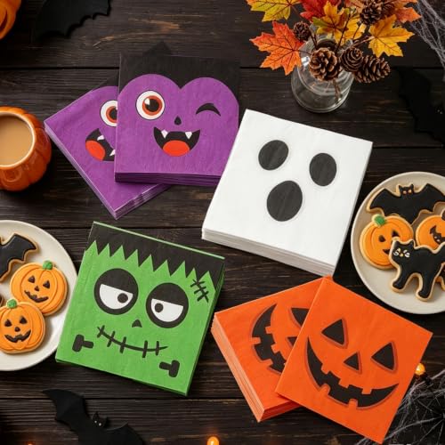 Halloween Paper Napkins Set - Orange Pumpkin Ghost Frankenstein Vampire 100pcs