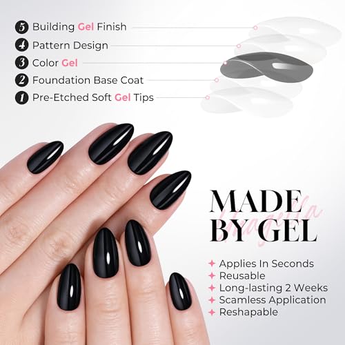 Black Almond Press-On Nails Set - Reusable False Nails with 16 Sizes, Black Diamond Variation
