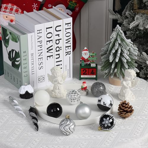 Black, White & Silver Holiday Ornaments Set - 124 Pcs Christmas Tree Decorations - Snowflake, Icicle, Baubles, House & Star Shapes - Variation: Black & White