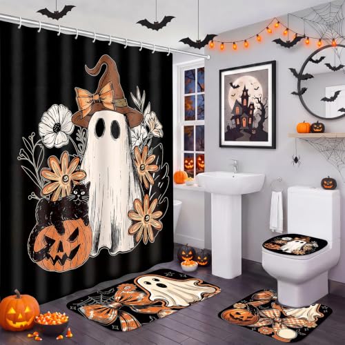 Halloween Ghost Shower Curtain Set with Witch Hat - 71x71 Inch Bathroom Decor - Ghost Pumpkin