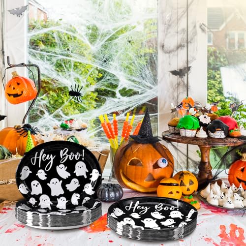 Hey Boo Halloween Paper Plates 11 Inch Ghost Oval Disposable Party Tableware - 50 Pack