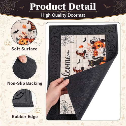 Halloween Welcome Door Mat - Cute Ghost Cat Pumpkin 18x30 Inches - Rubber Doormat