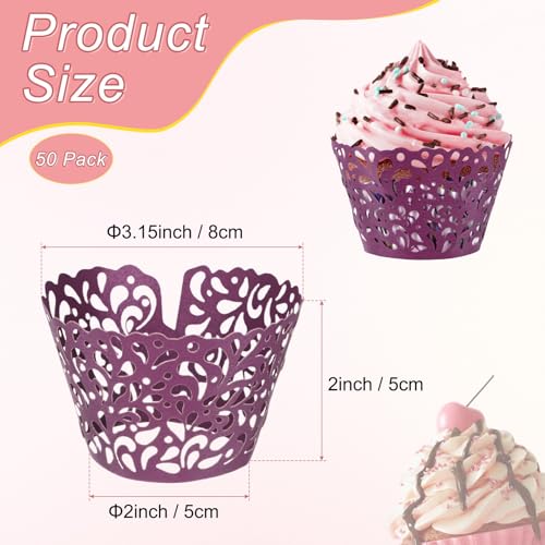 Dark Purple 50-Pack Cupcake Wrappers with Water Drop Lace Design for Weddings & Parties