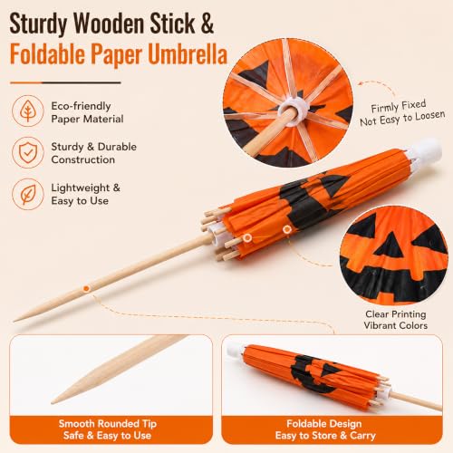 Halloween Pumpkin Cocktail Umbrellas - 100 Mini Food Picks for Drinks & Desserts