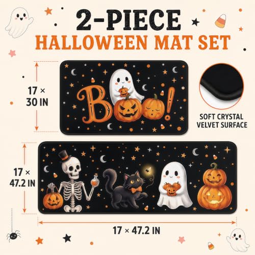 Halloween Kitchen Mat Set of 2 Non Slip Ghost Skeleton Rug - Boo