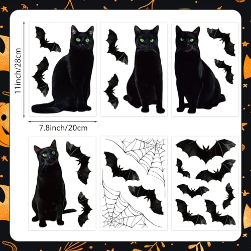 Halloween Window Clings Decor Set - 6 Sheets with Black Cats Bats Spider Webs