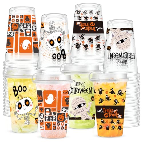 Halloween Plastic Cups 16oz with Lids - 48 Pack, Spooky Ghost, Pumpkin & Spider Designs
