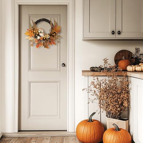 18-Inch Fall Wreath with Owl, Pumpkin & Lights - Rustic Autumn Decor