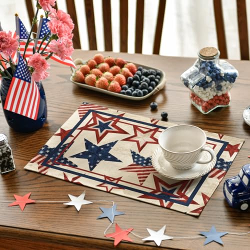 Patriotic 4th of July Placemat Set - Stars & Stripes 12x18 Inch Beige, Pack of 4