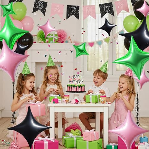 30Pcs Four Point Star Foil Balloons - Light Pink Green Black Party Decorations