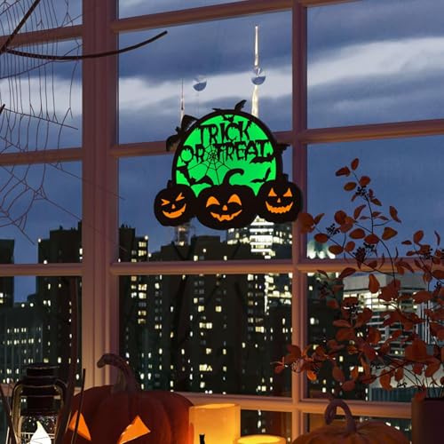 Green Halloween Pumpkin Lights with Moon Bat Web & Trick or Treat Wording - USB & Battery Powered