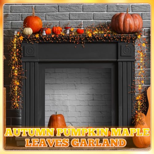 Thanksgiving Pumpkin Garland with Lights and Artificial Berries - Fall Home Decor