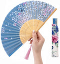 Women’s Foldable Vintage Bamboo Silk Fan - Sky Blue Handheld Fan with Tassel