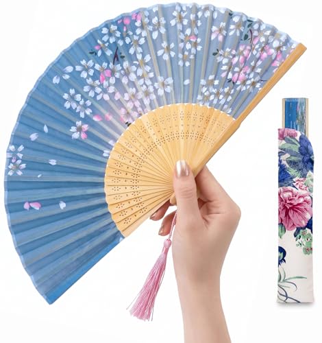 Women’s Foldable Vintage Bamboo Silk Fan - Sky Blue Handheld Fan with Tassel